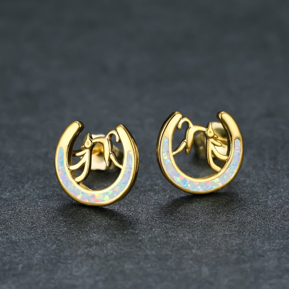 Gold-Tone White Simulated Opal Crescent Moon & Reindeer Stud Earrings