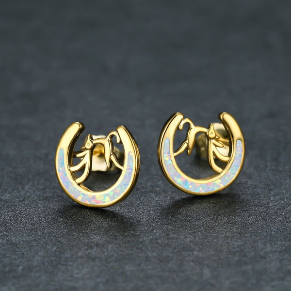 Gold-Tone White Simulated Opal Crescent Moon & Reindeer Stud Earrings