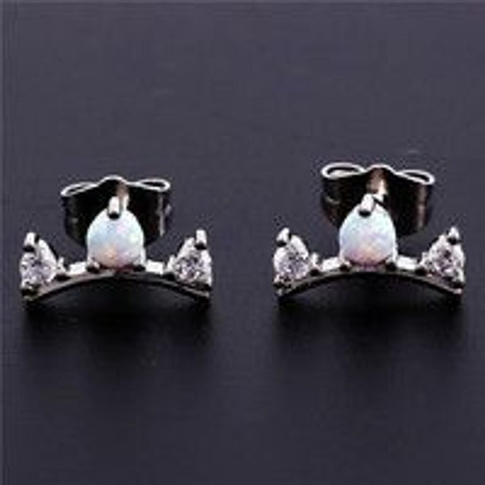 Silver-Tone White Round Simulated Opal Stud Earrings