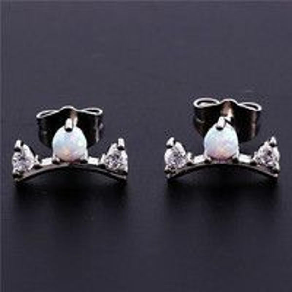 Silver-Tone White Round Simulated Opal Stud Earrings