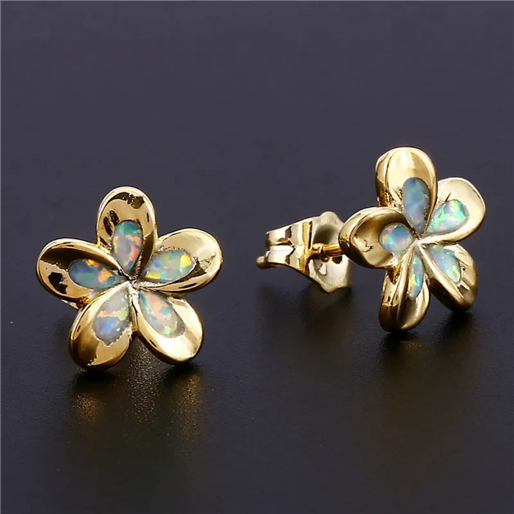 Gold-Tone Dimensional White Simulated Opal Five-Petal Flower Stud Earrings