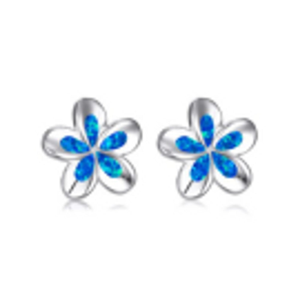 Silver-Tone Dimensional Blue Simulated Opal Five-Petal Flower Stud Earrings