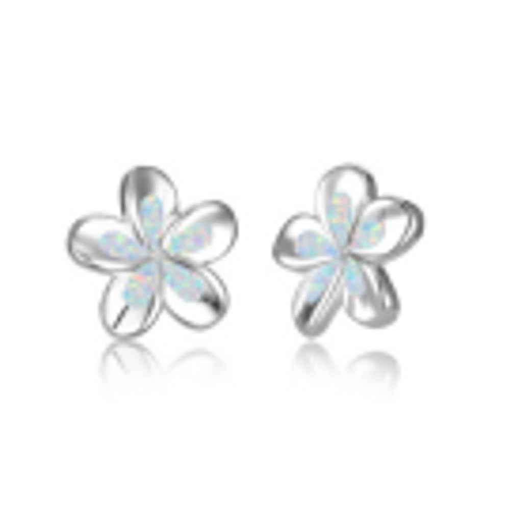 Silver-Tone Dimensional White Simulated Opal Five-Petal Flower Stud Earrings