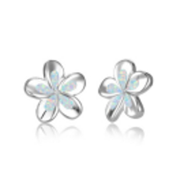 Silver-Tone Dimensional White Simulated Opal Five-Petal Flower Stud Earrings