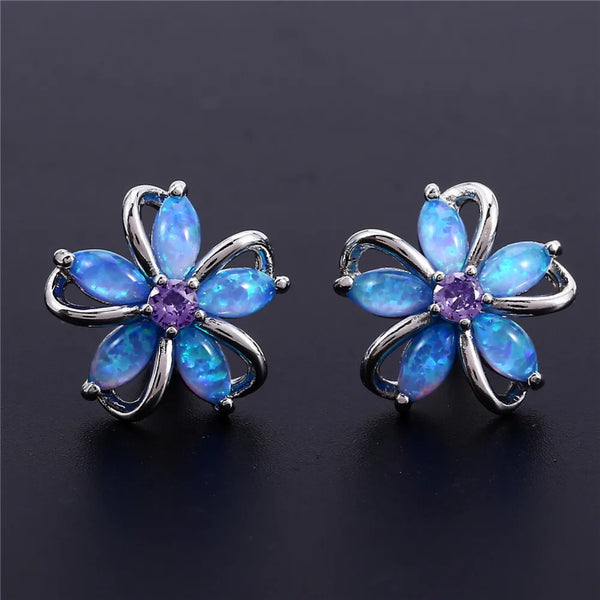 Silver-Tone Blue Simulated Opal Cherry Blossom Flower Stud Earrings