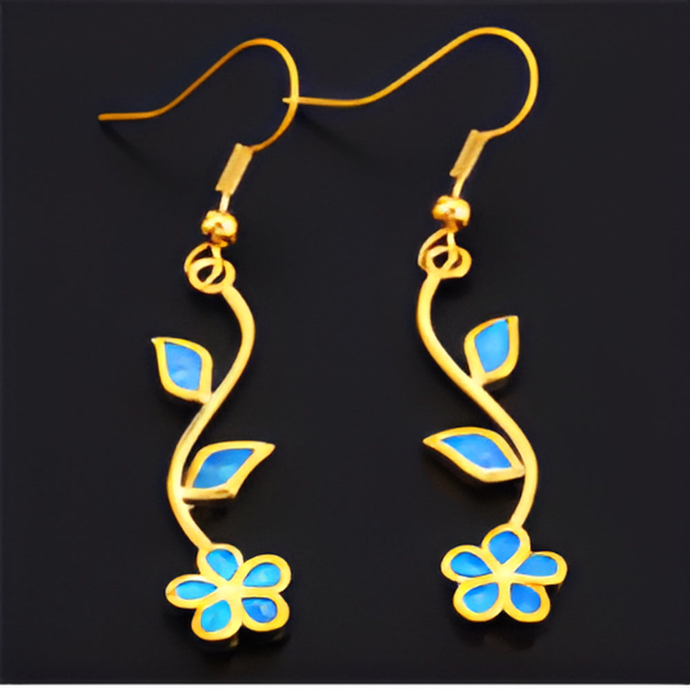 Gold-Tone Blue Simulated Opal Flower Vine Dangle Drop Earrings