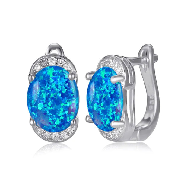 Silver-Tone Oval Blue Simulated Opal Crystal Accent Huggie Earrings