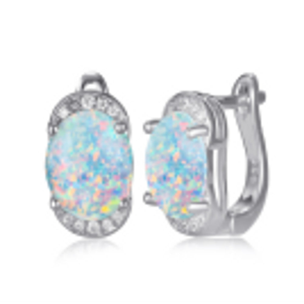 Silver-Tone Haloed White Oval Simulated Opal Huggie Earrings