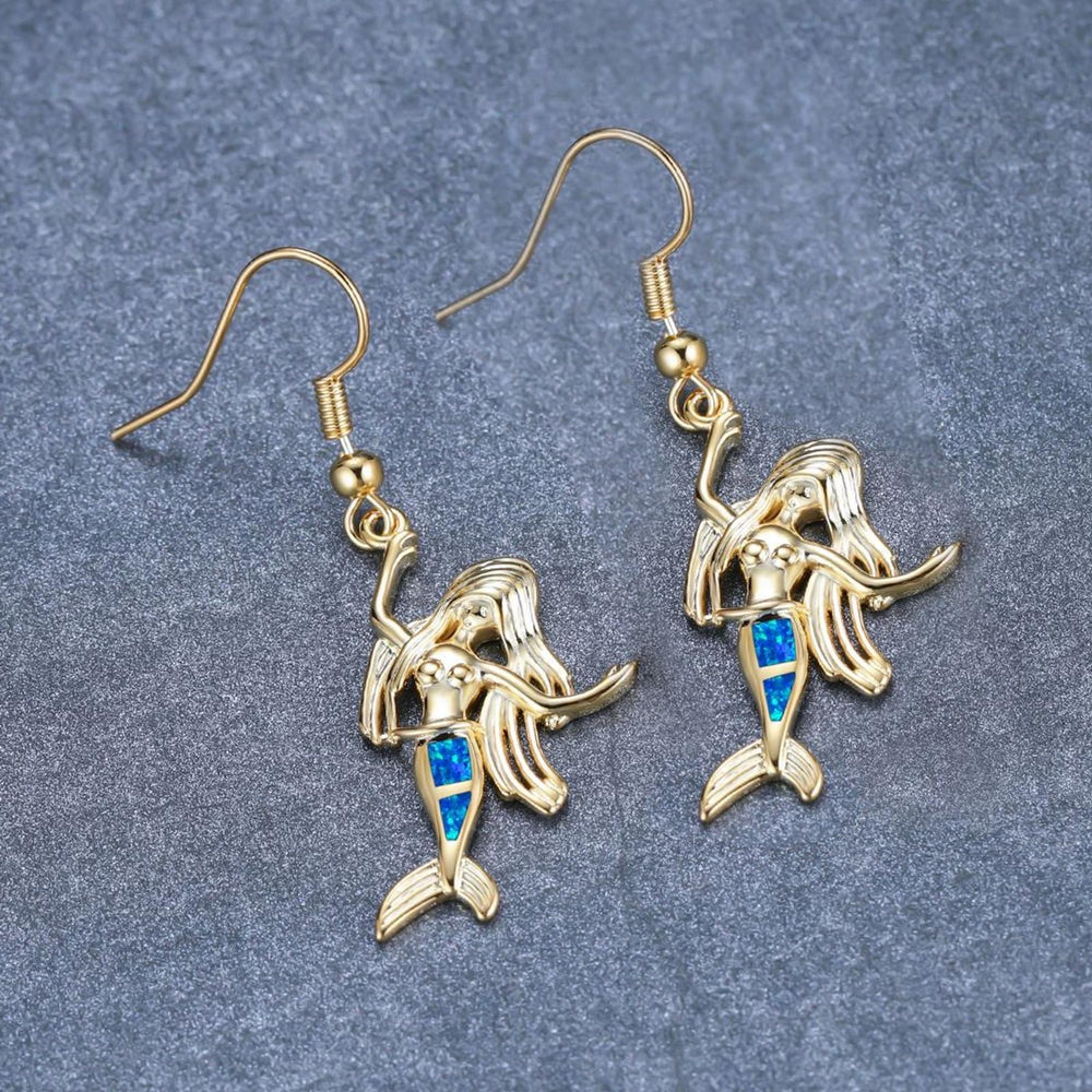 Gold-Tone Blue Simulated Opal Mermaid Drop Earrings