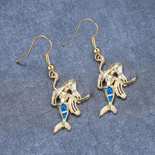 Gold-Tone Blue Simulated Opal Mermaid Drop Earrings