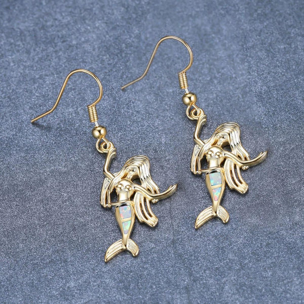 Gold-Tone White Simulated Opal Mermaid Drop Earrings