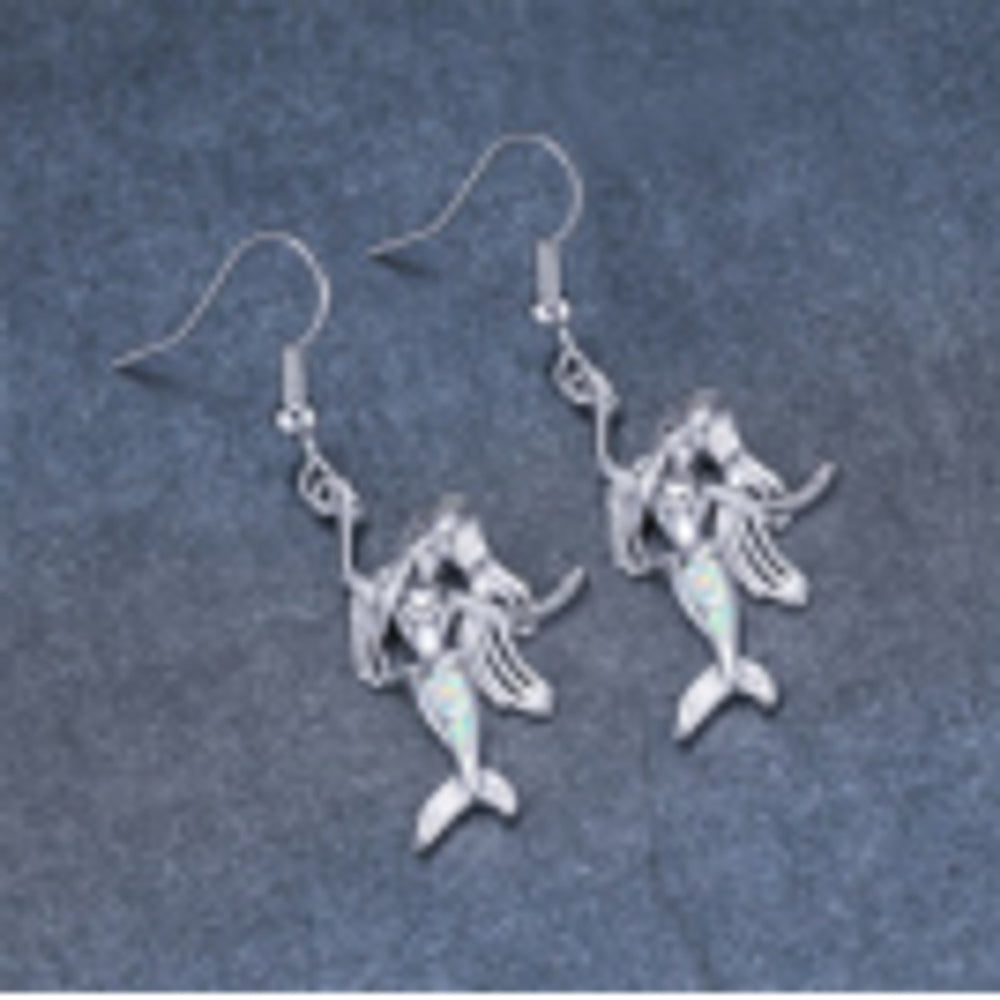 Silver-Tone White Simulated Opal Mermaid Drop Earrings