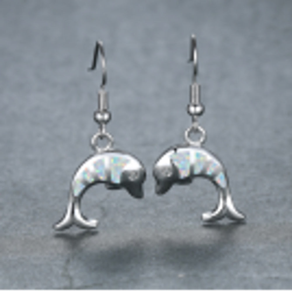 Silver-Tone White Simulated Opal Fish Drop Earrings