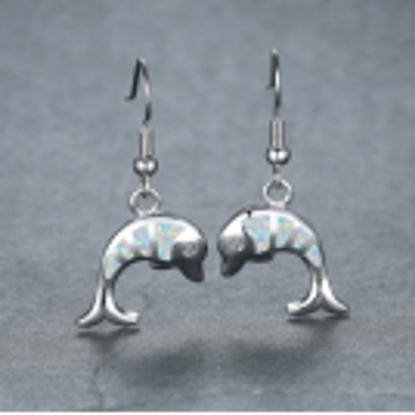Silver-Tone White Simulated Opal Fish Drop Earrings