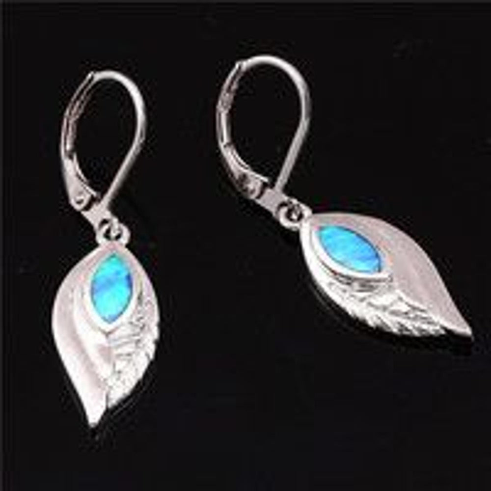 Silver-Tone Blue Marquise Simulated Opal Leaf Huggie Earrings
