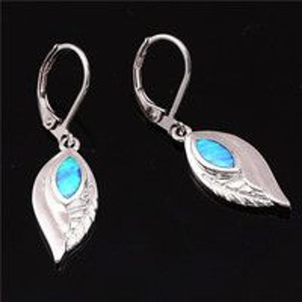 Silver-Tone Blue Marquise Simulated Opal Leaf Huggie Earrings