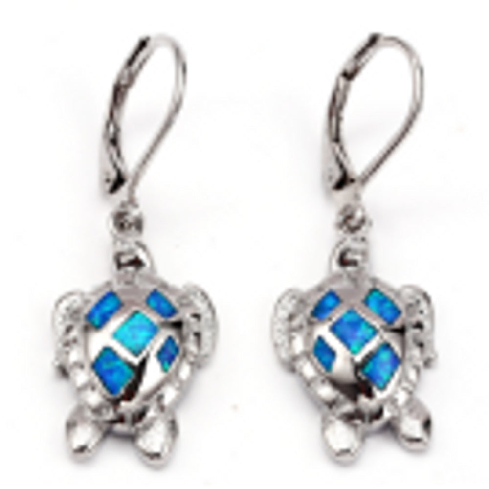 Silver-Tone Blue Rhombus Simulated Opal Turtle Huggie Earrings