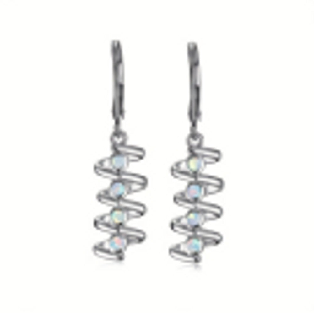 Silver-Tone Four-Stone White Round Simulated Opal Spiral Huggie Earrings