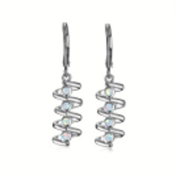 Silver-Tone Four-Stone White Round Simulated Opal Spiral Huggie Earrings