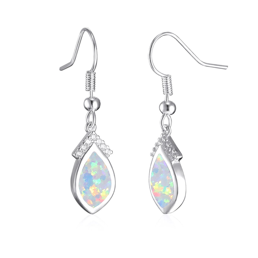 Silver-Tone White Teardrop Simulated Opal Hook Drop Earrings