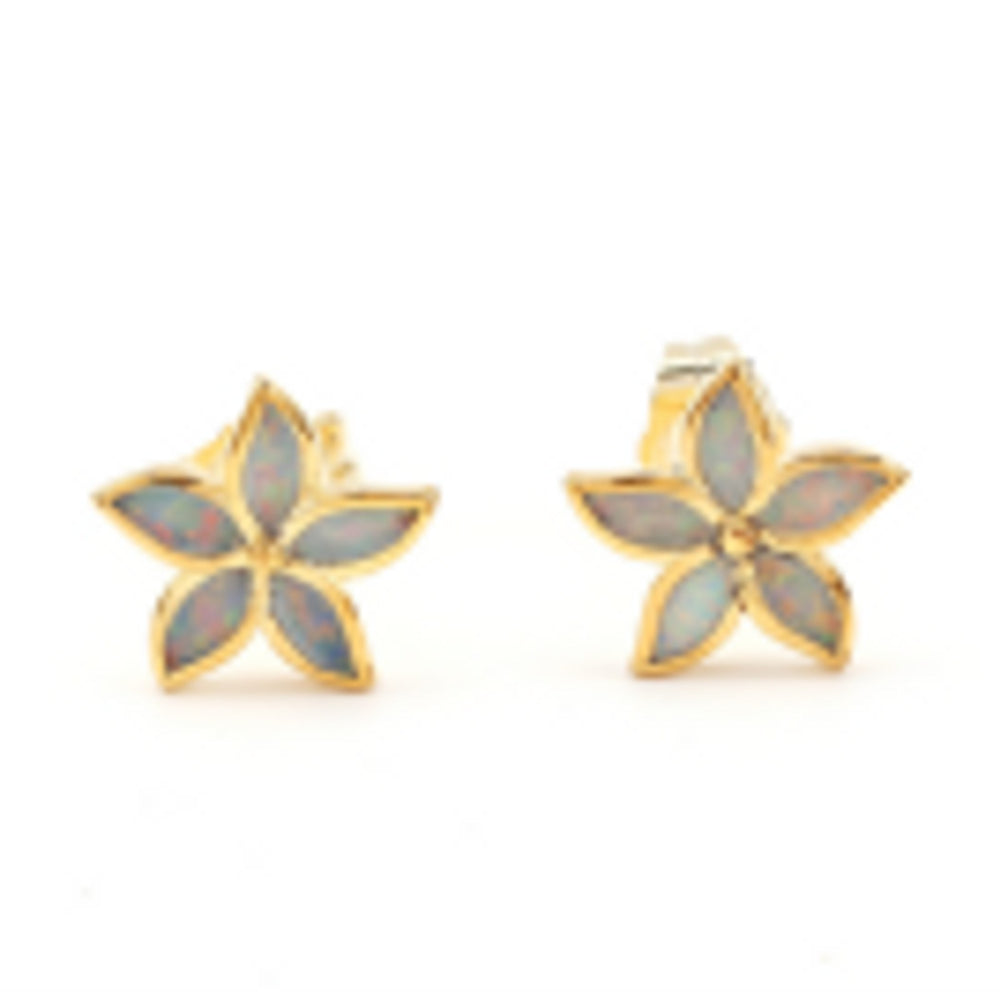 Gold-Tone White Simulated Opal Five-Petal Flower Stud Earrings