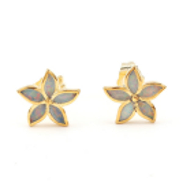 Gold-Tone White Simulated Opal Five-Petal Flower Stud Earrings