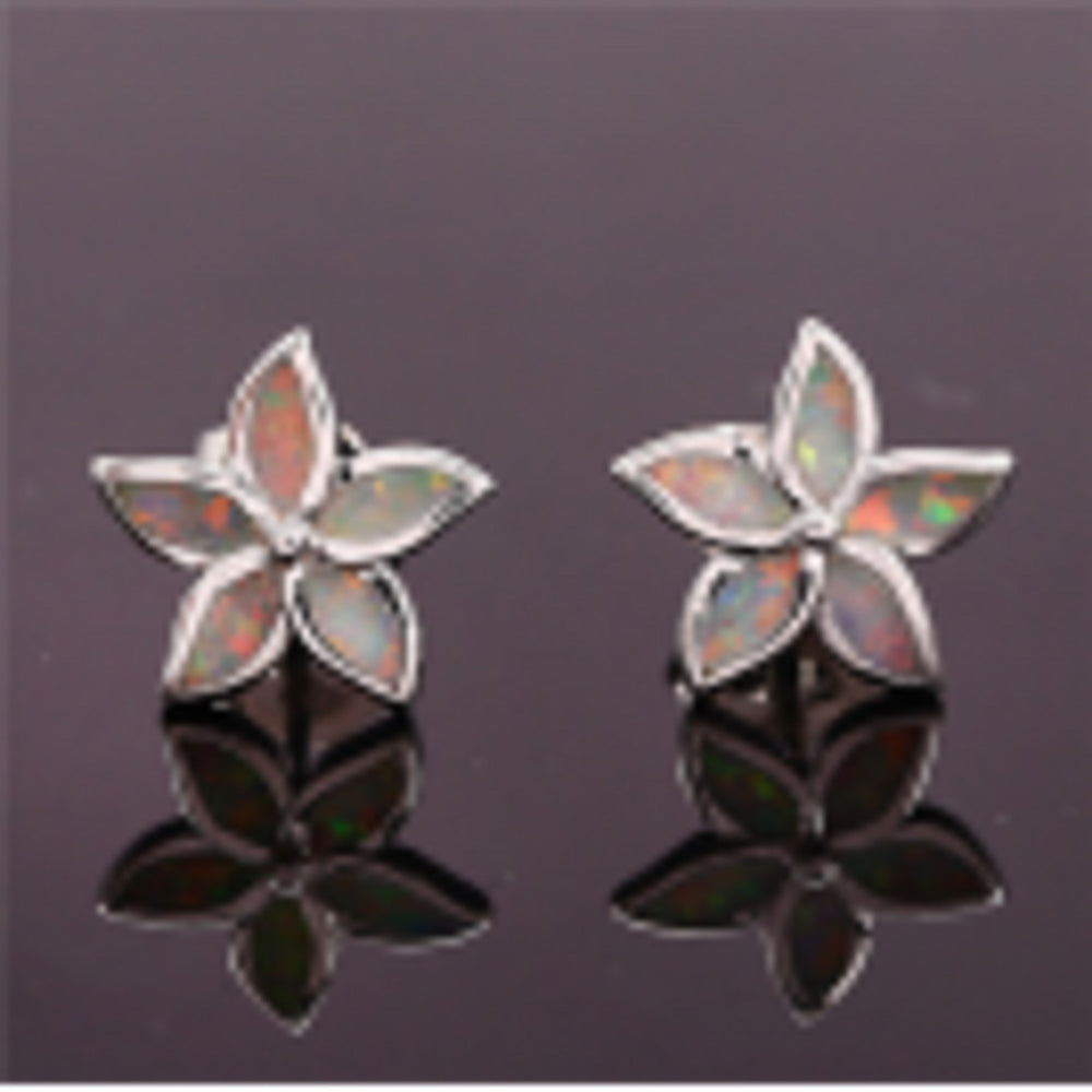 Silver-Tone White Simulated Opal Five-Petal Flower Stud Earrings