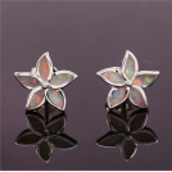 Silver-Tone White Simulated Opal Five-Petal Flower Stud Earrings