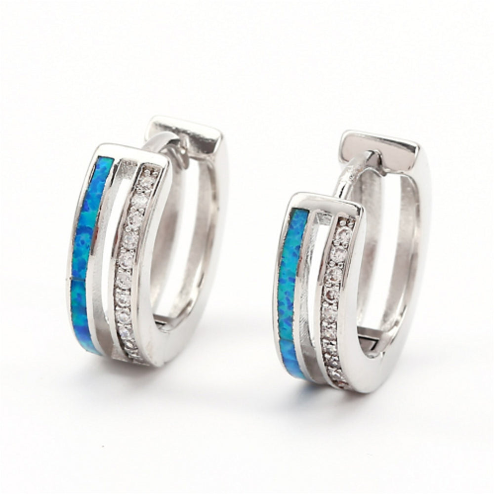 Silver-Tone Channel-Set Blue Simulated Opal Circle Huggie Earrings