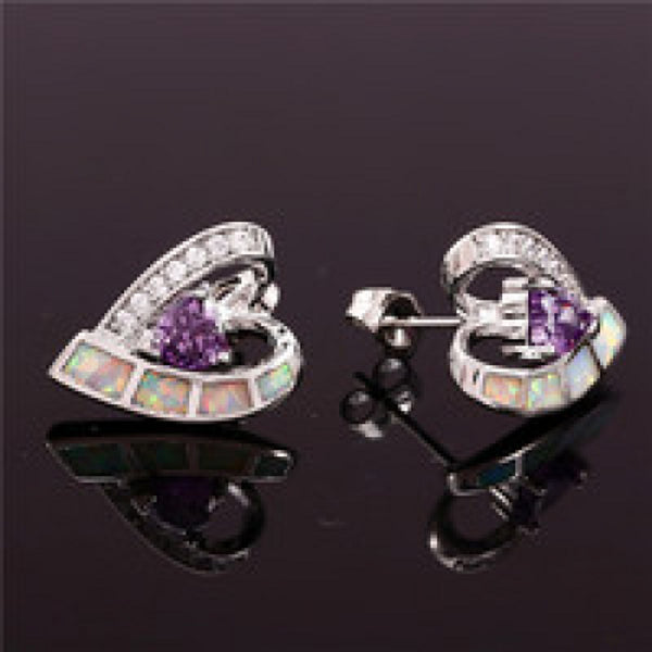 Silver-Tone White Heart Simulated Opal Stud Earrings