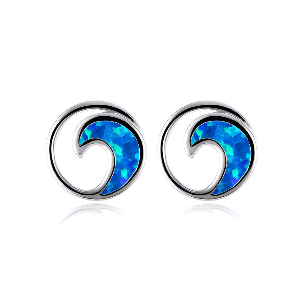 Silver-Tone Blue Simulated Opal Ocean Wave Circle Stud Earrings