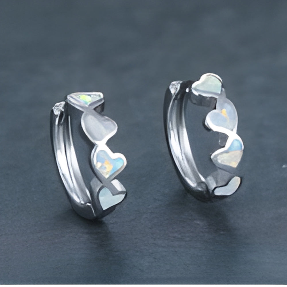 Silver-Tone White Simulated Opal Linked Hearts Huggie Hoop Earrings