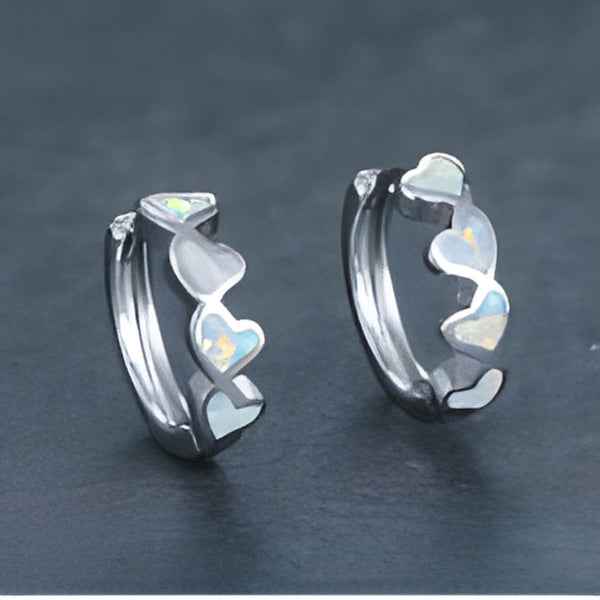 Silver-Tone White Simulated Opal Linked Hearts Huggie Hoop Earrings