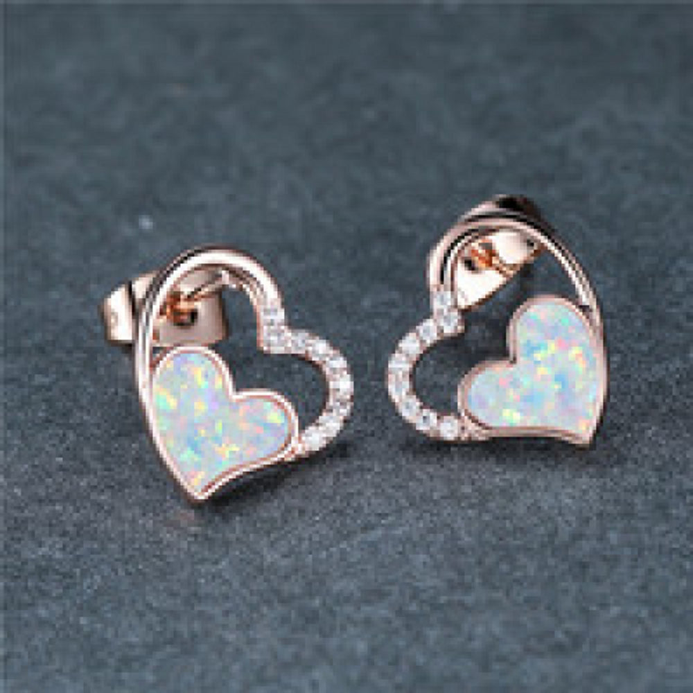 Rose Gold-Tone Double-Layer White Simulated Opal Heart Stud Earrings