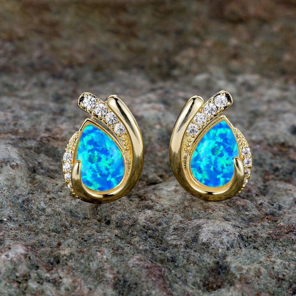 Gold-Tone Blue Teardrop Simulated Opal Geometric Stud Earrings With Crystals