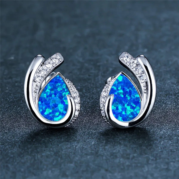 Silver-Tone Blue Simulated Opal Teardrop Crystal Swirl Stud Earrings