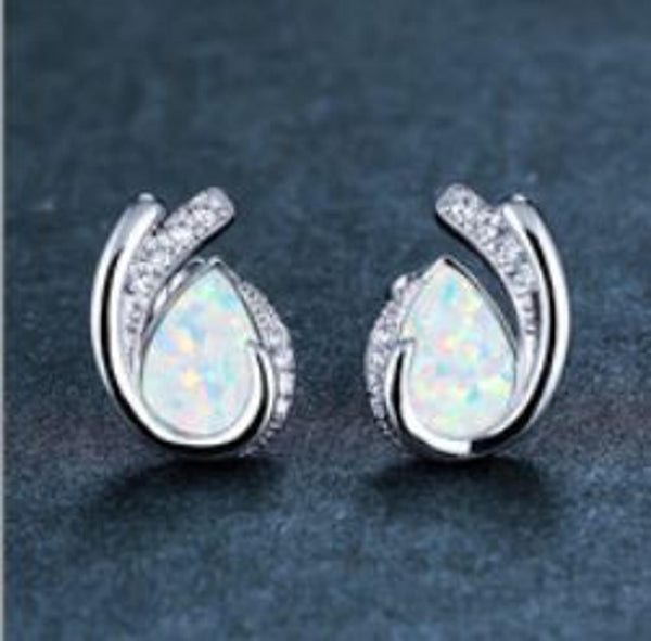Silver-Tone White Teardrop Simulated Opal Stud Earrings