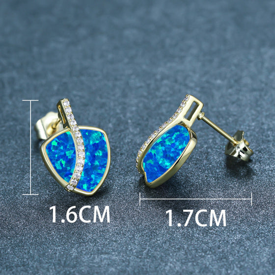 Gold-Tone Blue Simulated Opal Rounded Triangle Crystal Stud Earrings