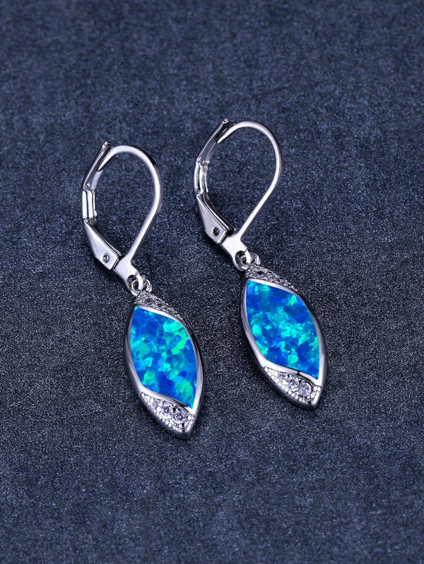 Silver-Tone Blue Simulated Opal Marquise Eye Leverback Drop Earrings