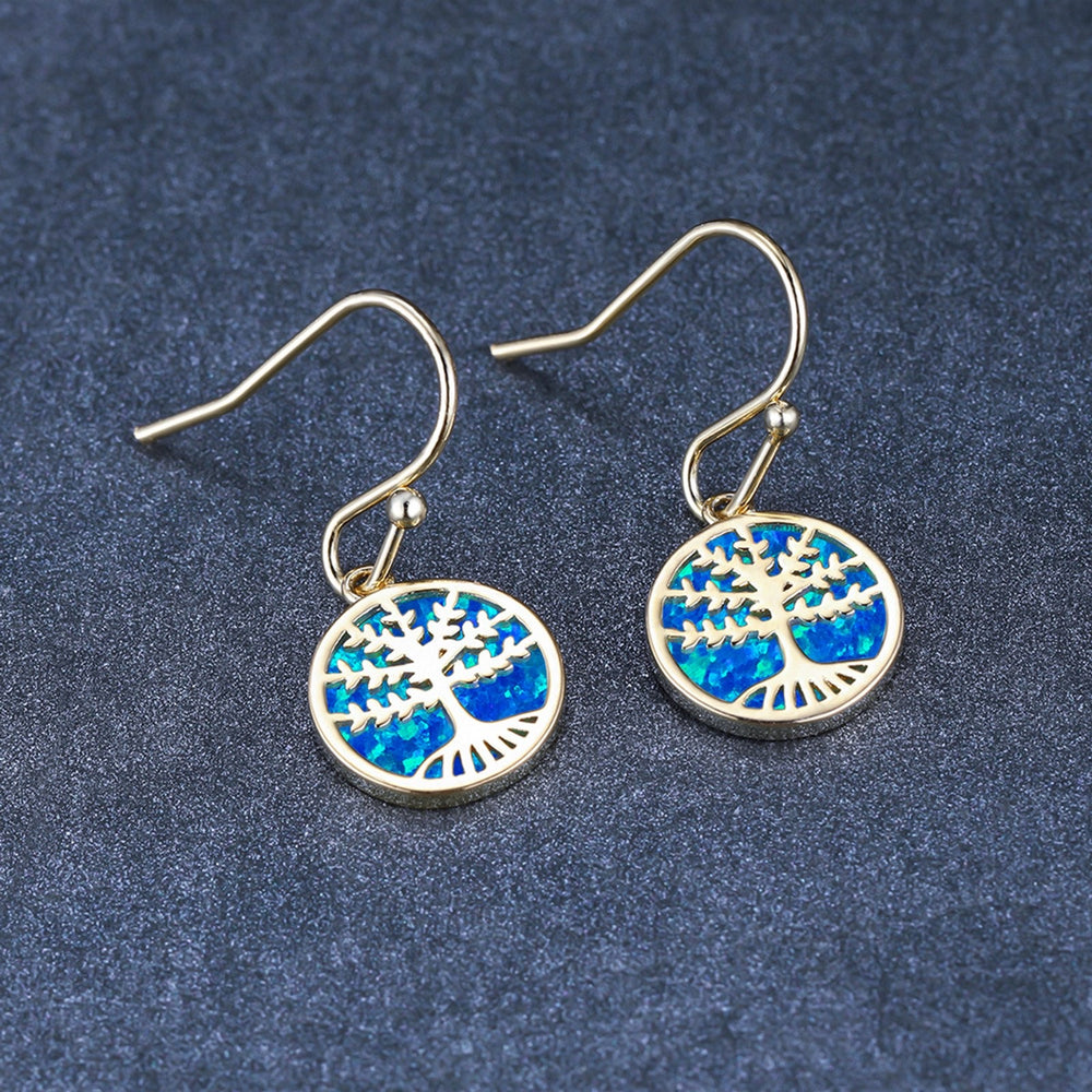 Gold-Tone Blue Simulated Opal Tree Of Life Drop Earrings