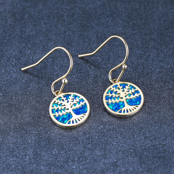 Gold-Tone Blue Simulated Opal Tree Of Life Drop Earrings
