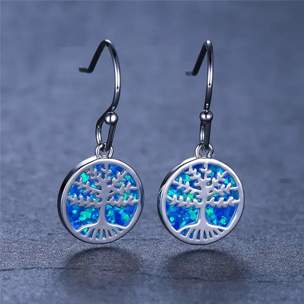 Silver-Tone Blue Simulated Opal Tree Of Life Drop Earrings