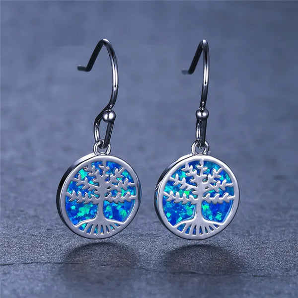 Silver-Tone Blue Simulated Opal Tree Of Life Drop Earrings
