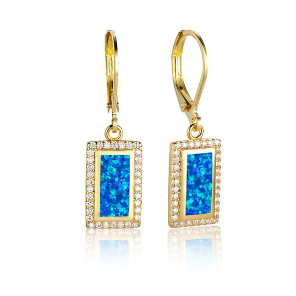 Gold-Tone Rectangular Blue Simulated Opal Crystal Halo Drop Earrings