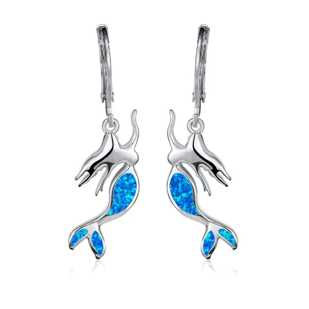 Silver-Tone Blue Simulated Opal Mermaid Huggie Earrings