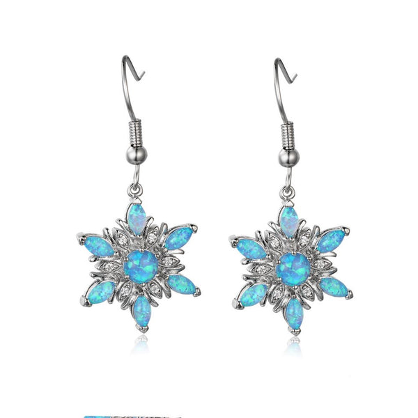 Silver-Tone Blue Simulated Opal Crystal Snowflake Drop Earrings