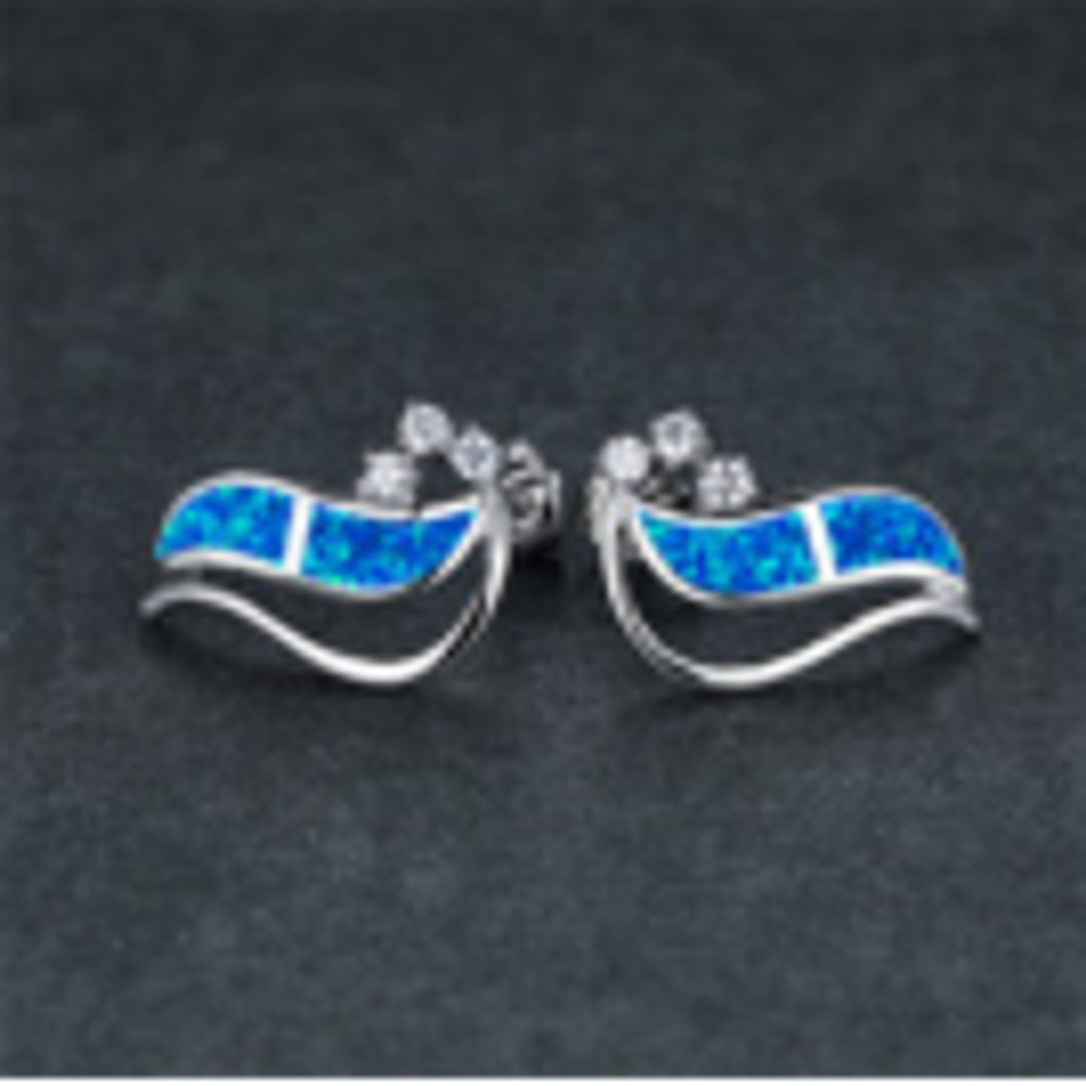 Silver-Tone Blue Simulated Opal Wave Stud Earrings