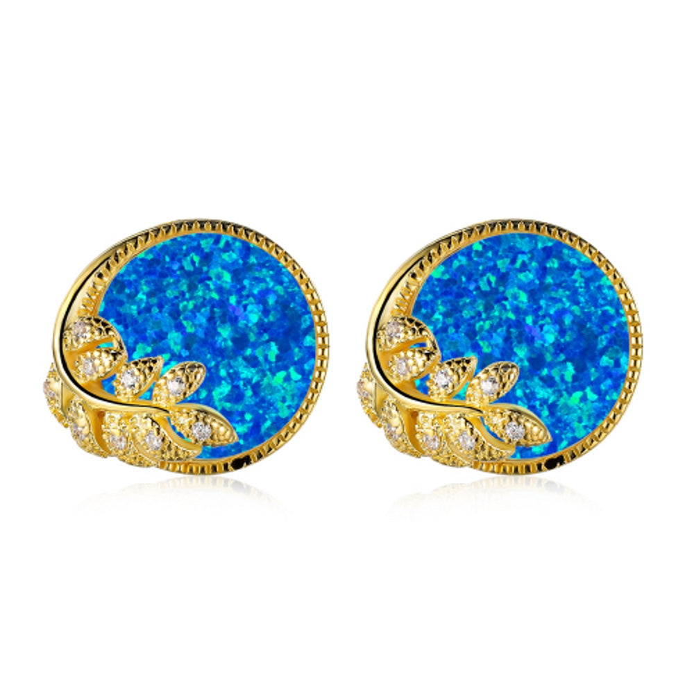 Gold-Tone Blue Round Simulated Opal Leaf Stud Earrings