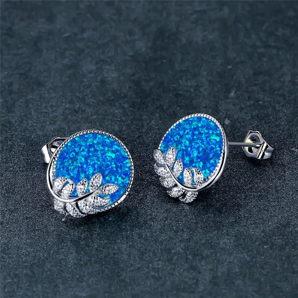 Silver-Tone Blue Simulated Opal Round Crystal Leaf Branch Stud Earrings