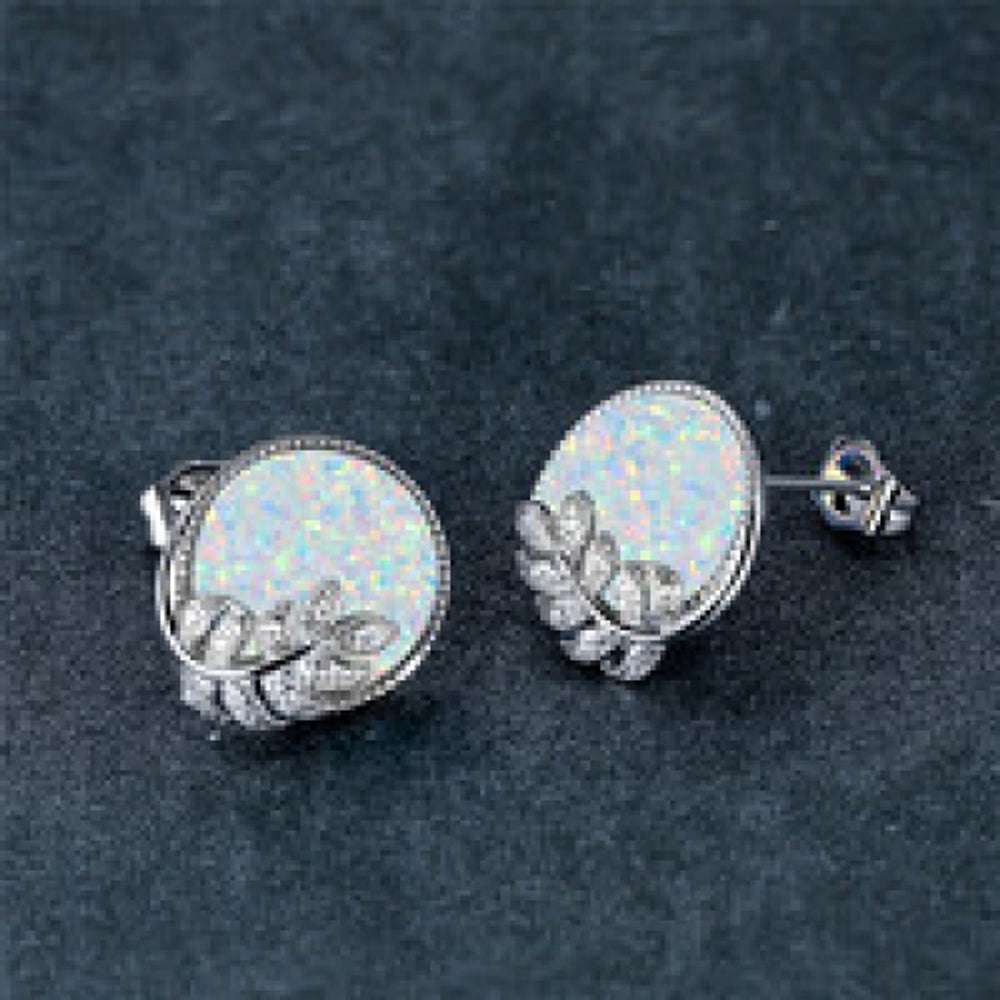 Silver-Tone White Round Simulated Opal Leaf Stud Earrings